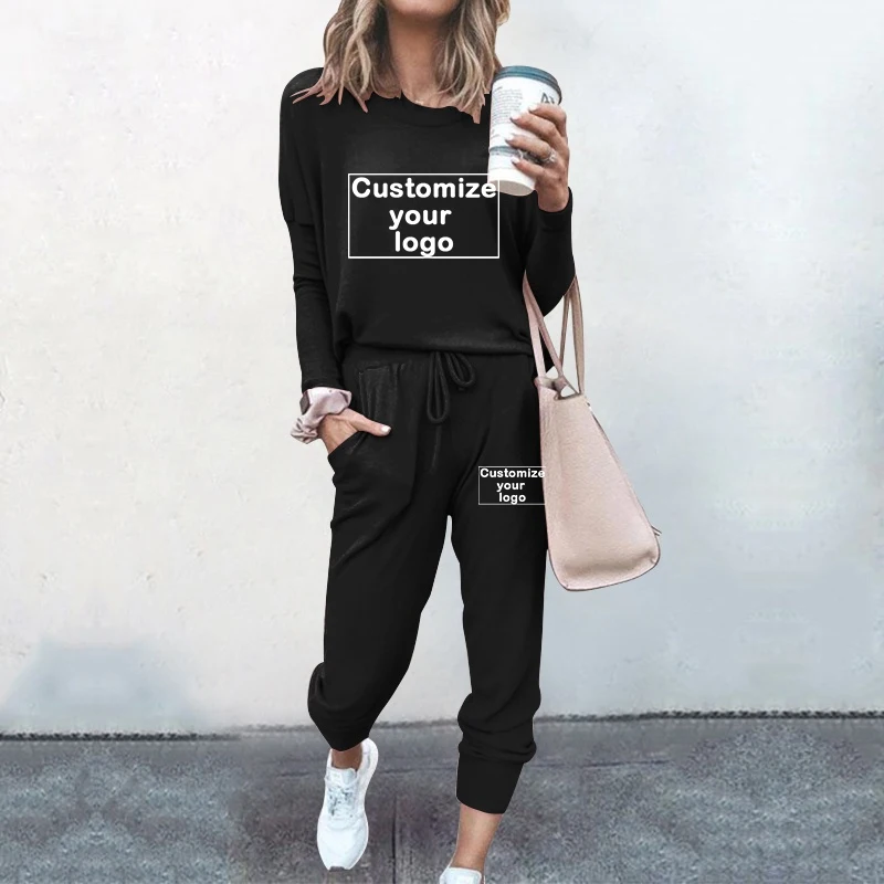 Customized women's fashionable round neck long sleeved pants set customize your logo women's jogging two-piece sports set