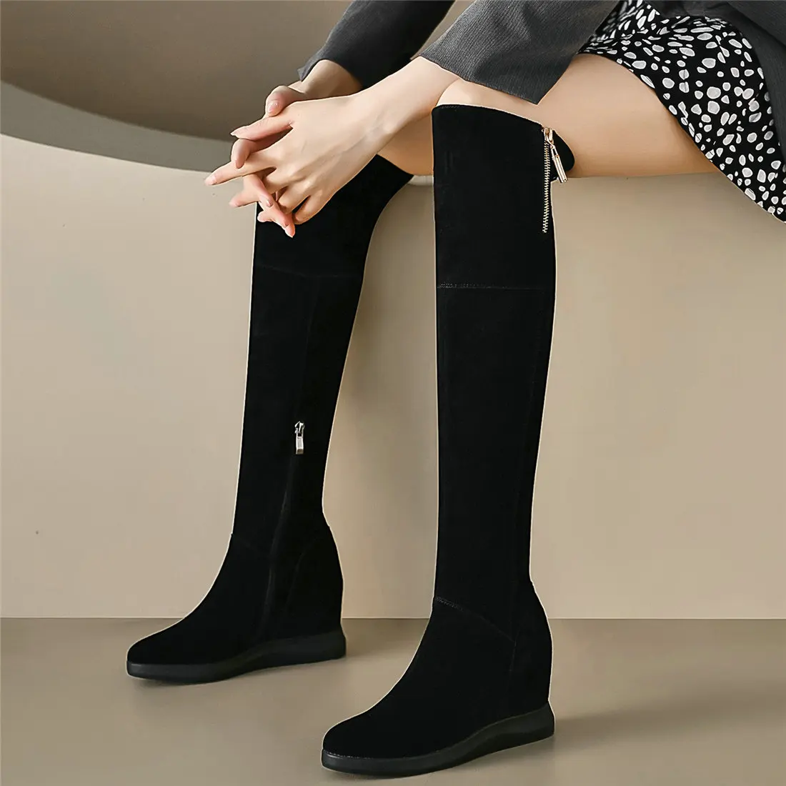 

Winter Fashion Sneakers Women Black Genuine Leather Wedges Over The Knee High Boots Female High Heel Platform Pumps Casual Shoes