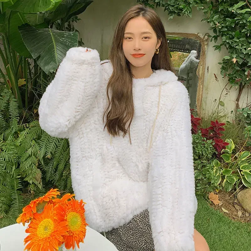 Winter New Women Imitate Rex Rabbit Fur Woven Fur Coat Temperament Mid-Length Loose Hooded Outwear Fashion Casual Warm Outwear