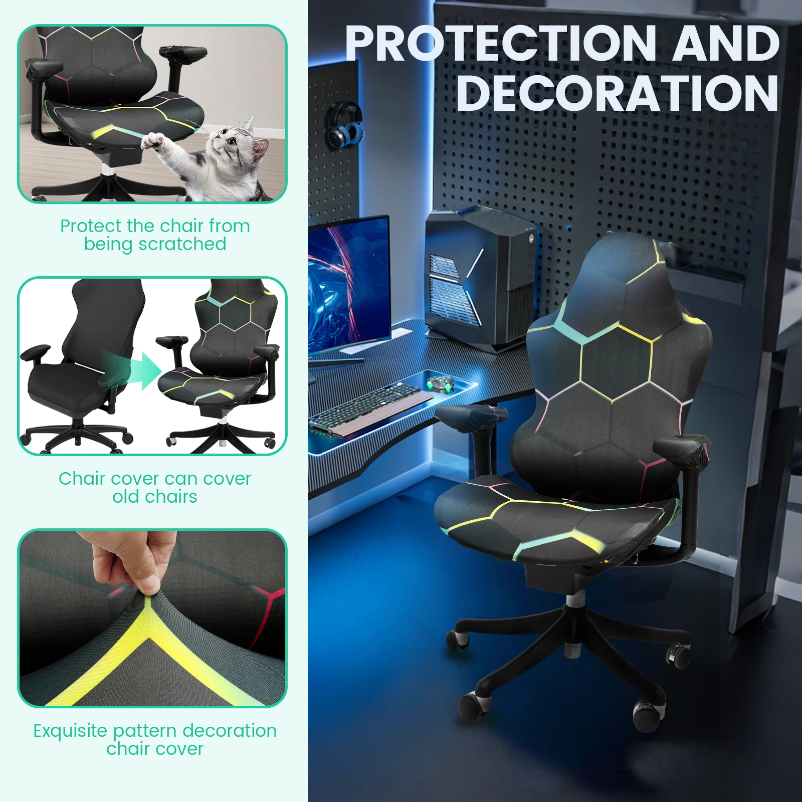 Gaming Chair Cover Printed Stretchable Elastic Office Seat Cover with Back and Armrest Cover Decorative Computer Chair Protector