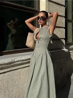 فستان طويل نسائي بدون أكمام أحادي اللون ، رقبة حرف V ، سحاب ، نحيل ، قطن ، فساتين كتان ، أنيق ، تنقل ، مكتب ، سيدة ، صيف ، موضة ، 1