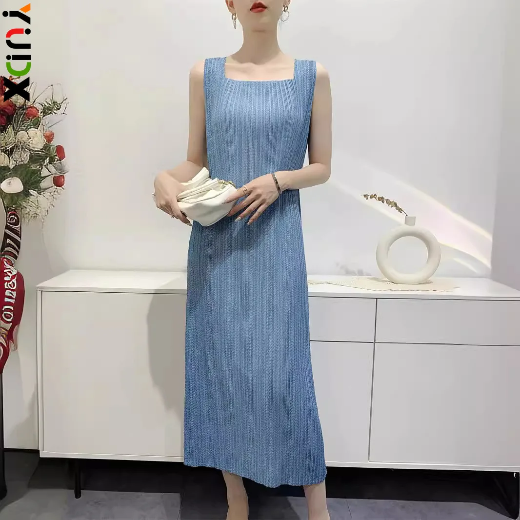 

Однотонные плиссированные женские платья без рукавов, удобные повседневные облегающие платья-миди, элегантные темпераментные летние платья 2024