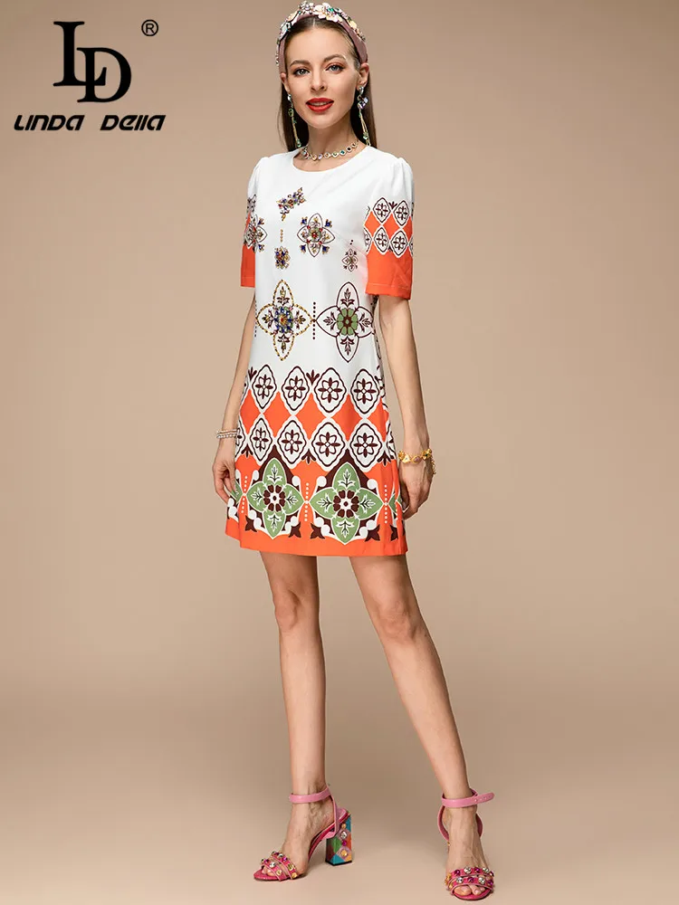 

LD LINDA DELLA New 2023 Summer Fashion Designer Women Mini Dress Crystal Slim Vintage Geometric Printing Party Short Dresses