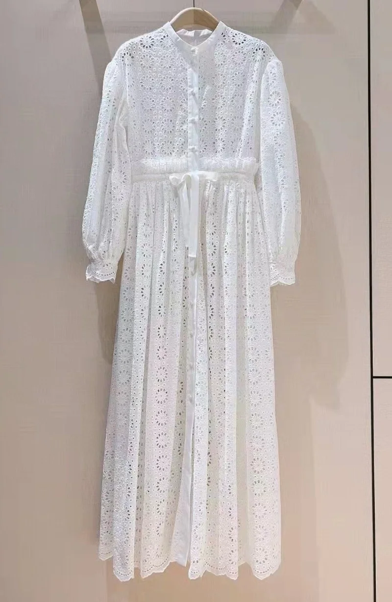 

100%Cotton Long Dress 2023 Spring Fashion Party Evening Women Allover Hollow Out Embroidery Long Sleeve Casual White Maxi Dress