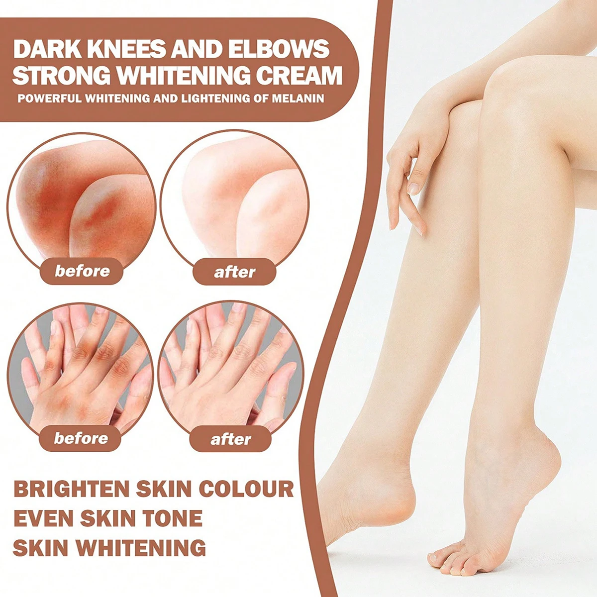 Dark colored knees and elbows effectively brighten and fade, enhancing even skin tone 2
