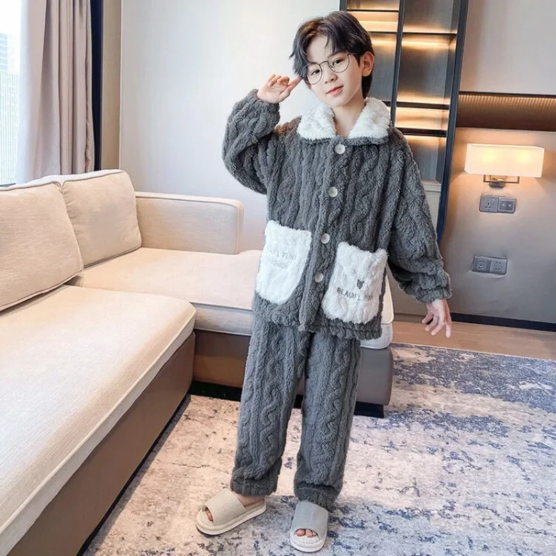 2024 New Boys' Pajamas Winter Version Latest Set Sleepwear Teenagers' Baby Homewear Autumn Nightwear Thick Casual Nightgown