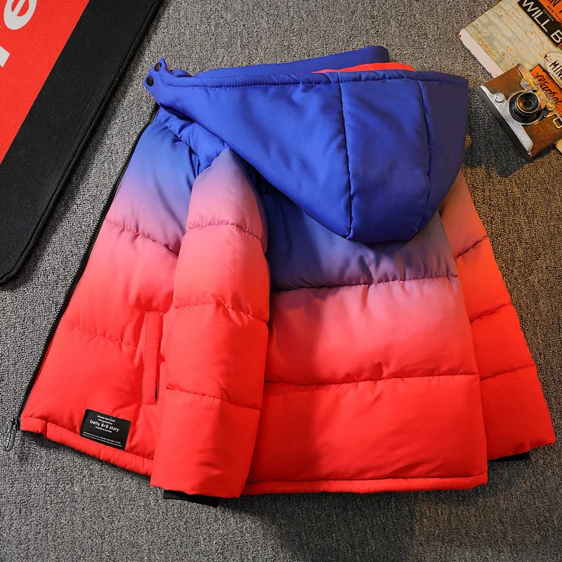 Boys' Winter Hooded Rainbow Long Sleeved Warm and Windproof Cotton Jacket Fashionable and Versatile Gradient Jacket