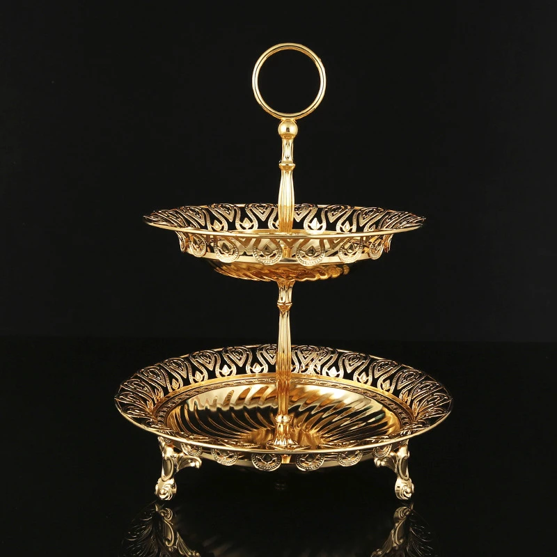 

Элегантный металлический золотой двухслойный поднос, тарелка для свадьбы, вечеринки, стола, торта, домашняя тарелка для десертов, конфет, шоколада, тарелка для украшения