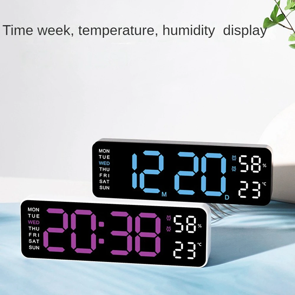 Digital Wall Clock Large Digital Wall Clock Temperature and Humidity Week Display Brightness Adjustable Electronic LED Table Alarm Clock 12/24H