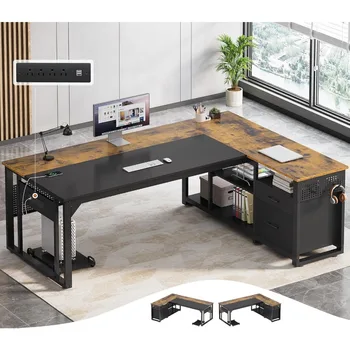 71 in Executive Desk with Power Outlets, Reversible L Shaped Desk with File Drawers & Storage Shelves, Large Office Desk Compute 1