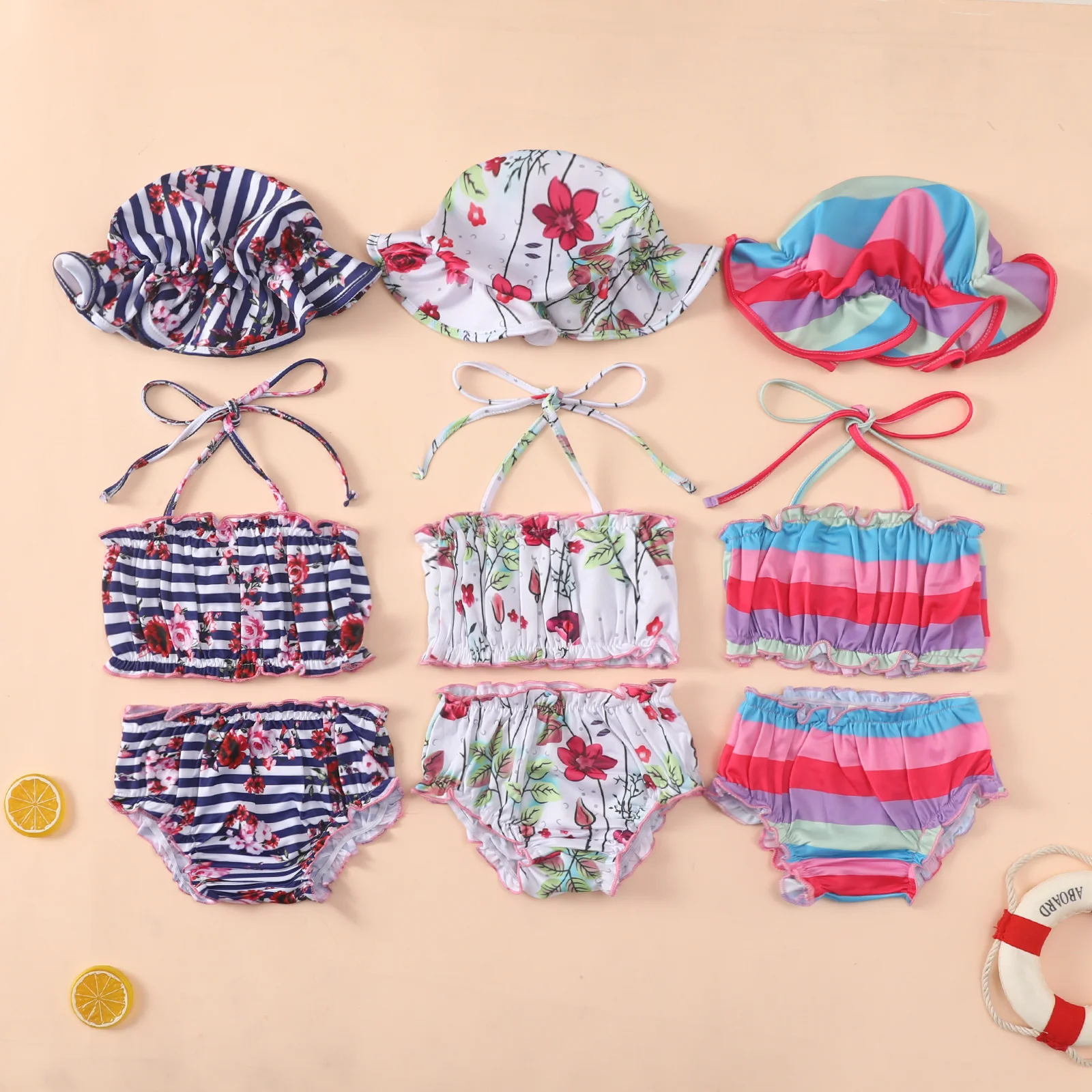 

Baby Girl Swimwear Stripe Floral Print 3 Pieces Swimsuits Suit Children Summer Clothes Suit Kids Swim Beach Wear