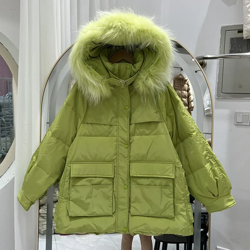 

Женская короткая куртка-пуховик с капюшоном из натурального меха енота, зимнее пальто на 2022 утином пуху с перьями, женские водонепроницаемые парки, 90%