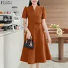 Elegant Women Midi Dresses ZANZEA 2026 Summer Dress Stylish V Neck Short Sleeve Office Work Sundress Solid A Line Party Vestidos