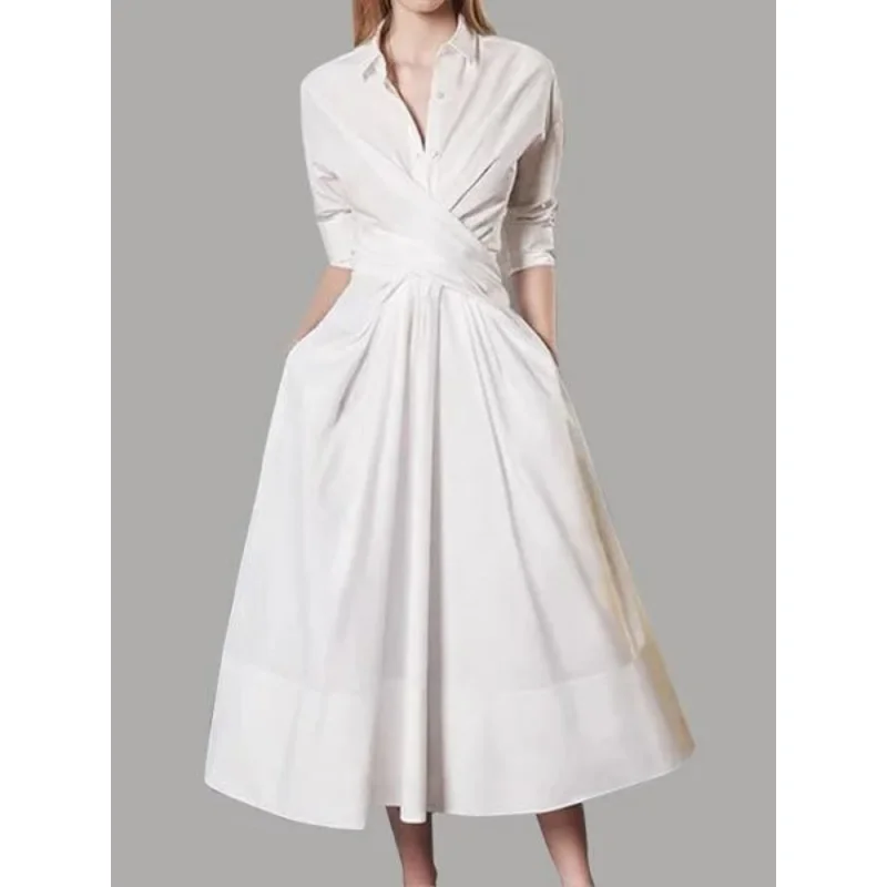 

office dresses for women professional Spring Summer Solid long dress with long sleeves Fashion Lapel Oversize shirt dress woman