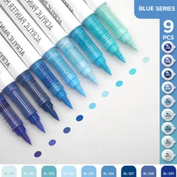 Assorted Pro Color Series Acrylic Brush Markers, 9 - Piece Set with Automatic Ink Control System (Blue Series)
