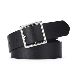 Women's Chic Luxury Black Belt - Soft PU Leather with Square Pin Buckle, Fancy Vintage Style - 105cm (Black)