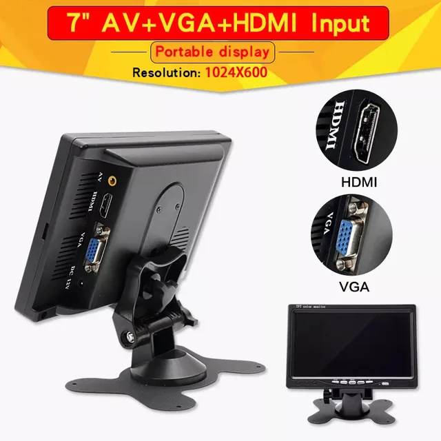 7-inch Portable display 1024×600 IPS screen AV camera monitor of Engineering truck Harvester HDMI-compatible VGA D-SUB 1
