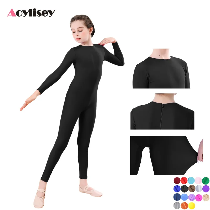 

AOYLISEY Girls Dance Unitard Kids Ballet Skate Gymnastics Full Body Leotard Black Long Sleeve Bodysuit Children Jumpsuit Wear