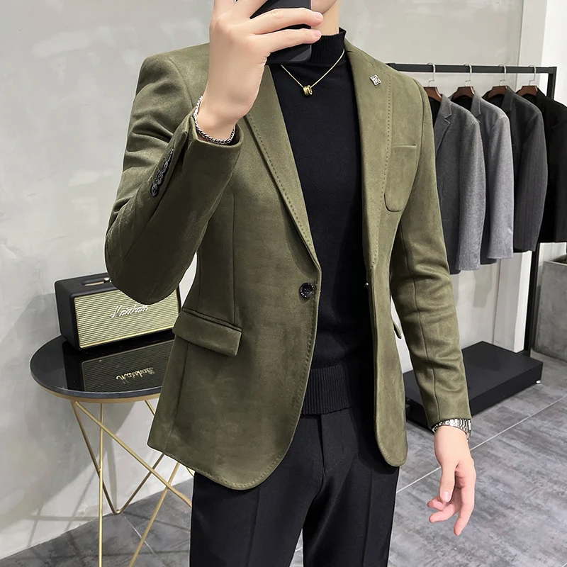 

New 2024 High Quality Suede Blazers for Men, Korean Slim Fit Single-breasted Jacket, Middle-aged Man Suit Coat