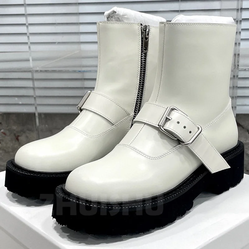 

Women Short Boots Spring Autumn Genuine Leather Upper Belt Buckle Design Thick Bottom Ankle Boots Fashion Personality Fairy Shoe