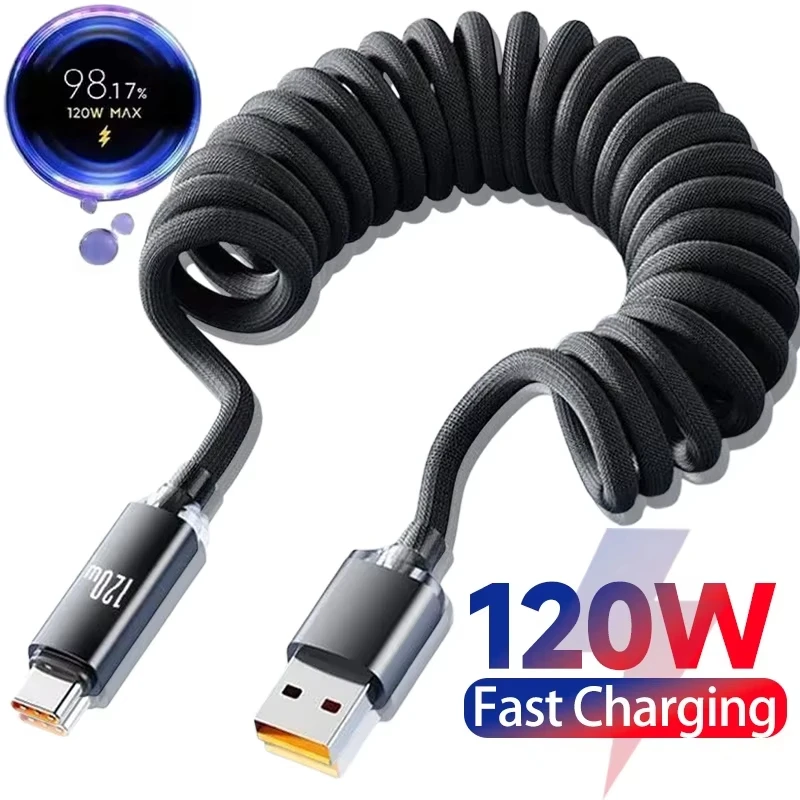 120W USB-C to USB C Fast Charge Spring Cable Retractable Car Charger Data Cord for iPhone 17/16/15 Samsung Xiaomi Type-C Phones 1