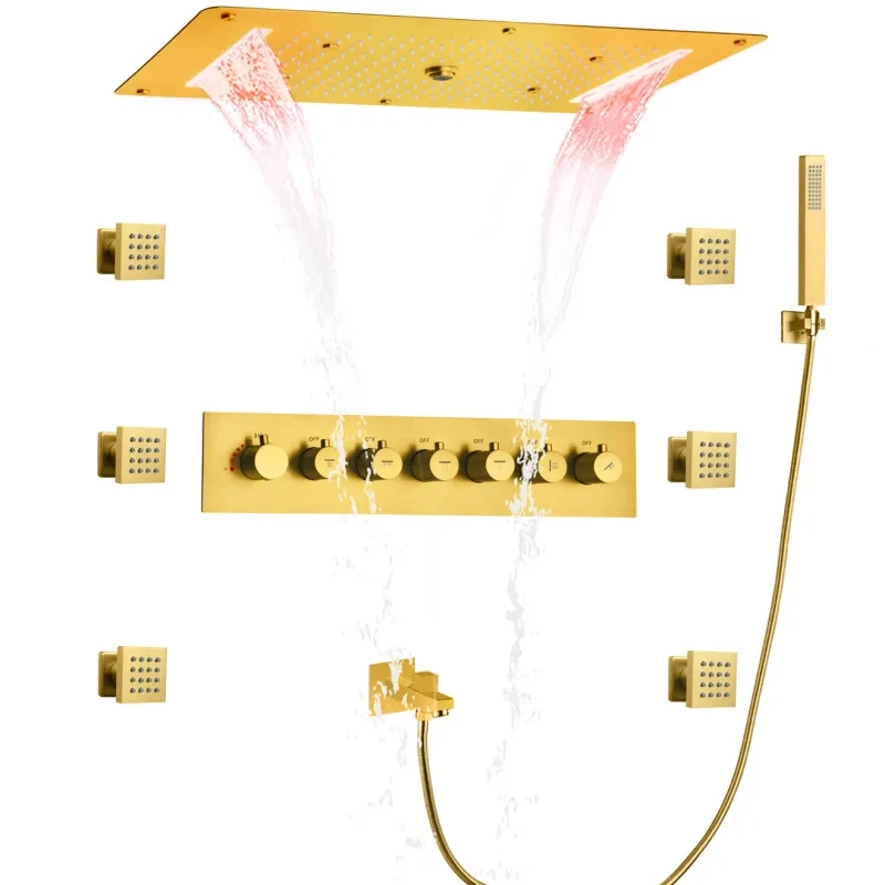 

Luxury High Quality Brass Wall Mounted Bathroom Shower faucet set Thermostatic Waterfall Rainfall Bathroom Hot Cold shower set
