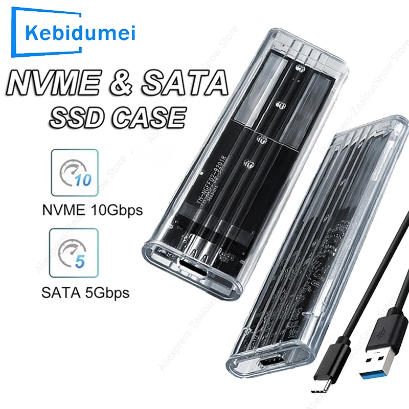 M.2 NVME PCIe 프로토콜 NGFF SATA SSD 케이스 투명 USB 타입 C 5/10Gbps PCI-E M2 SSD 투명 외장형 인클로저 하드 디스크 박스