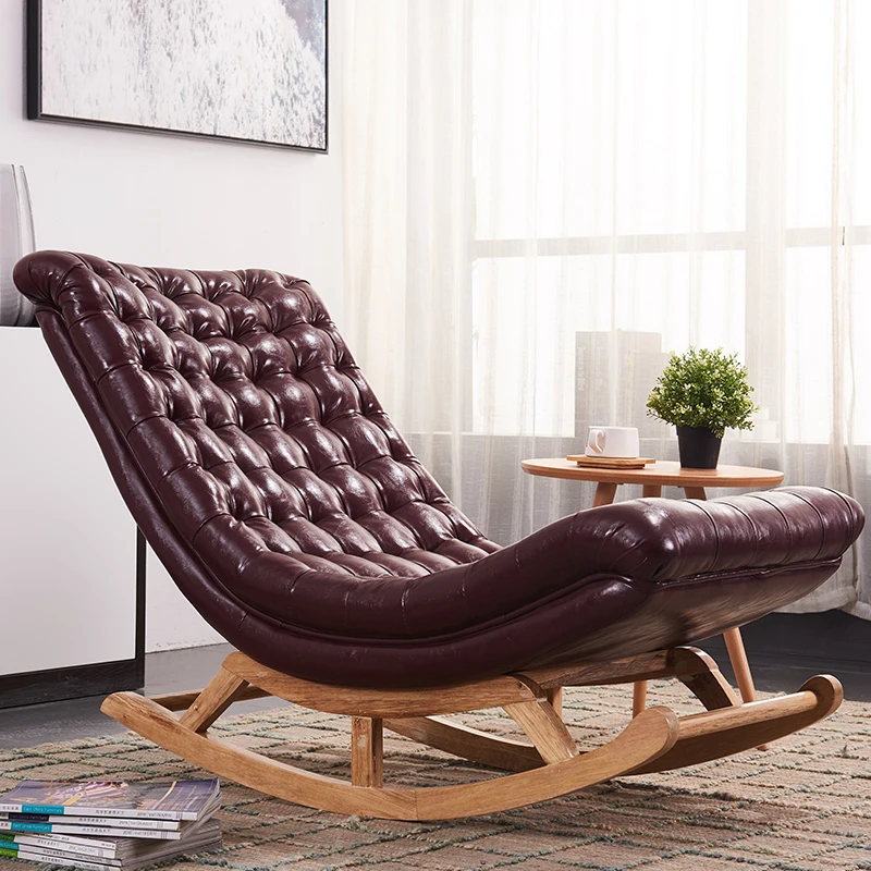 

Premium Single Nordic Recliner Designer Luxury Leather Rocking Comfy Living Room Chair Reading Modern Chaise Design Furniture