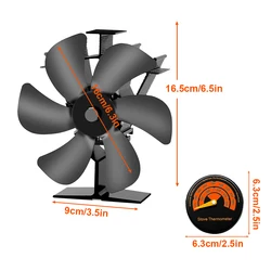 Eco Quiet Black 6-Blade Heat-Powered Stove Fan for Efficient Heat Distribution (With Thermometer)