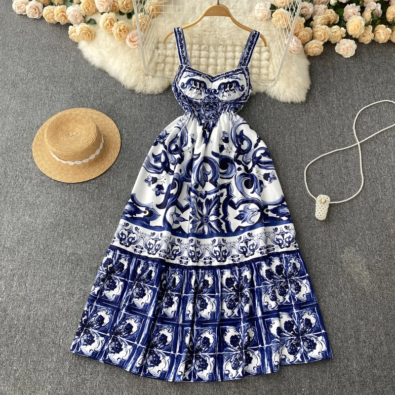 Runway Summer Holiday Maxi Dress Women's Spaghetti Strap V Neck Backless Blue And White Porcelain Print Vacation Long Vestido