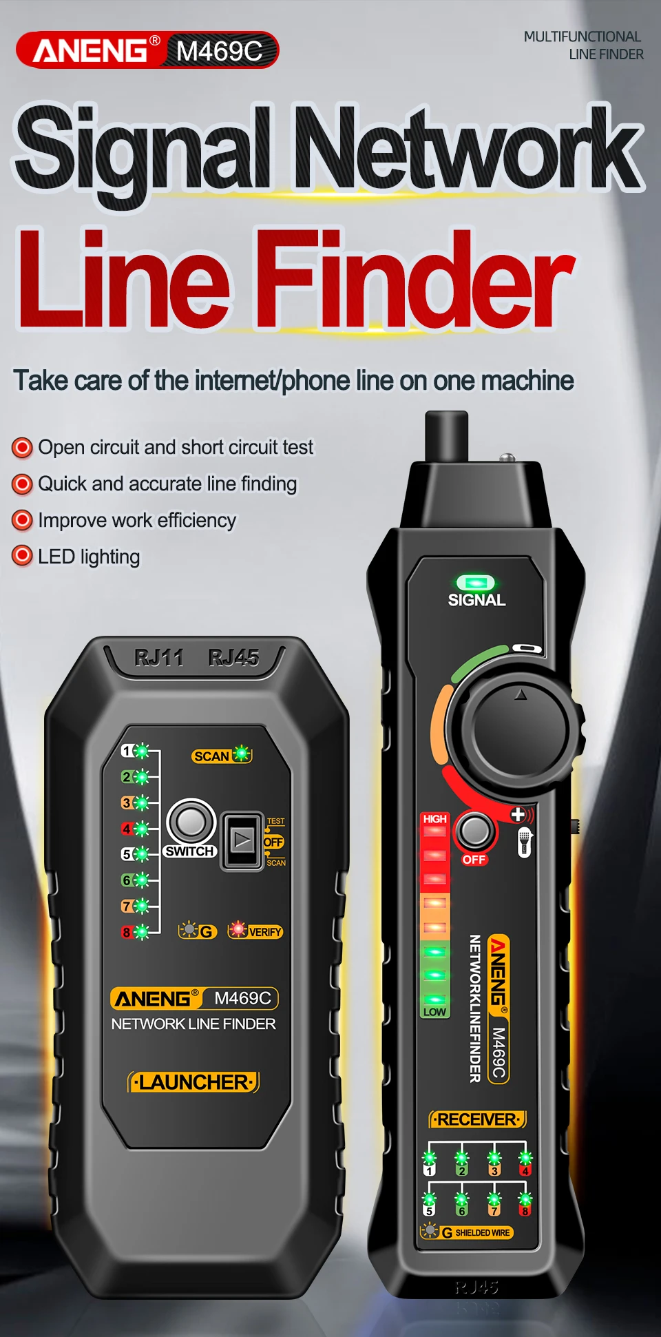 Description Picture 2 of itemANENG M469C Multifunction Network Cable Finder RJ45 RJ11 LAN Cable Tester Networking Tool Trace Measure Network Repair Analyzers