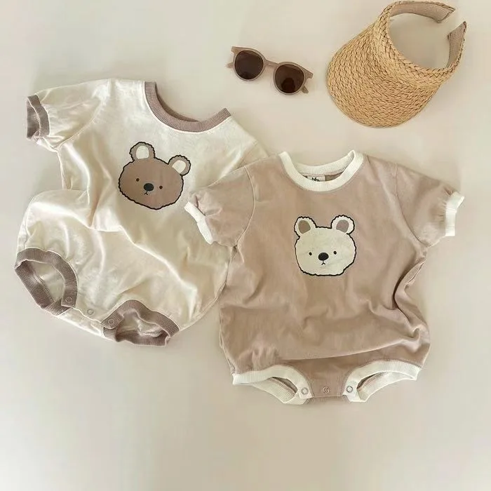 Summer Baby Girl Cute Bear Casual Short-sleeved Jumpsuit Toddler Boy Cotton Cartoon Romper Infant Unisex Breathable One-pieces Newborn Knitting Romper Hooded 
