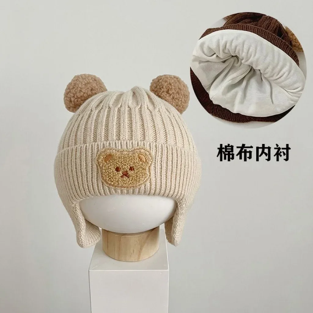 New Baby Warm Hat Cute Bear Double Ball Hat Infant and Toddler Warm Ear Protection Knitted Wool Hat Autumn/Winter 6