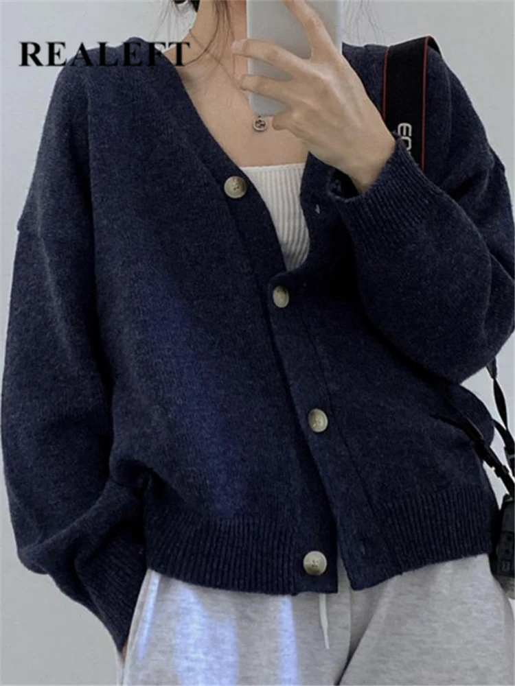 

REALEFT Autumn Winter V-Neck Women's Cardigan Sweater 2023 New Buttons Solid Casual Loose Long Sleeve Knitted Sweaters Female