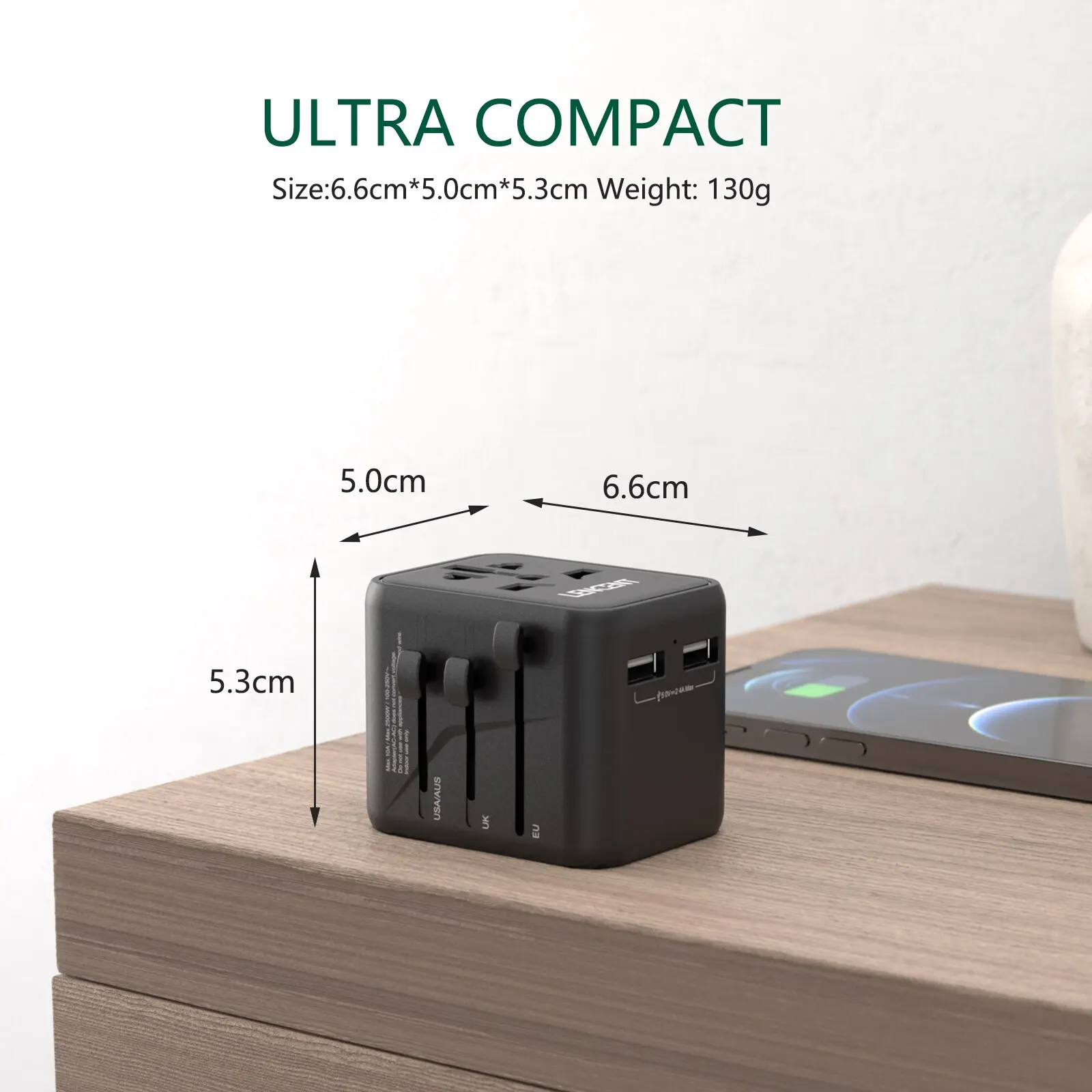 Universal All-in-One Travel Power Adapter with Dual USB Charging Ports