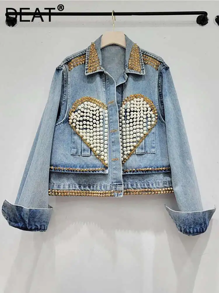 DEAT Women's Denim Coat Heart Beading Pearls Gold Rivets