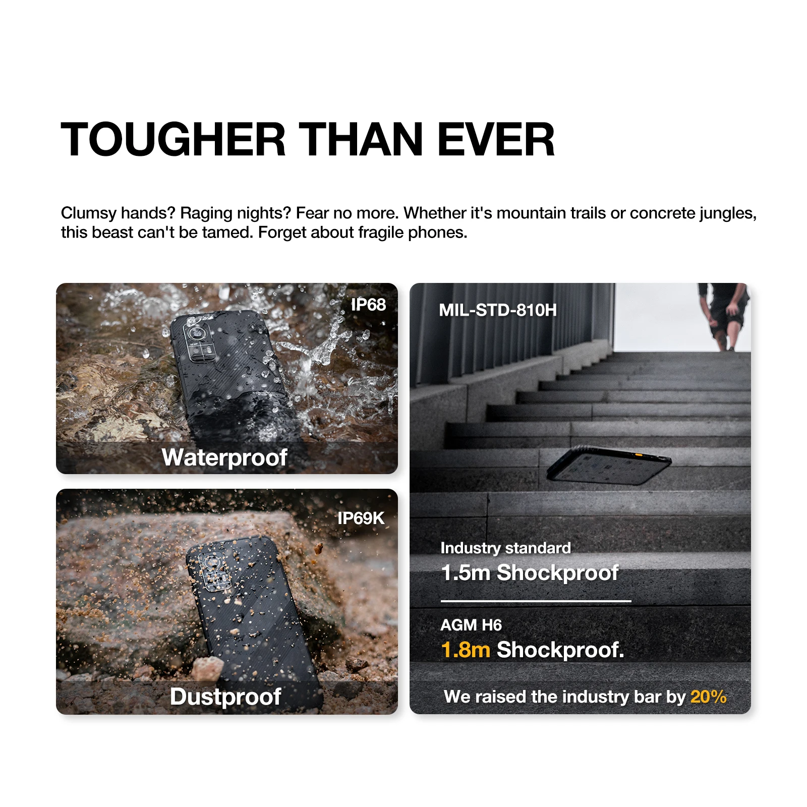 AGM H6 Rugged Smartphone 8GB+256GB 50MP Camera 6.56" FHD+ 90Hz Display Waterproof UNISOC T606 NFC Dual SIM Expandable Storage 6