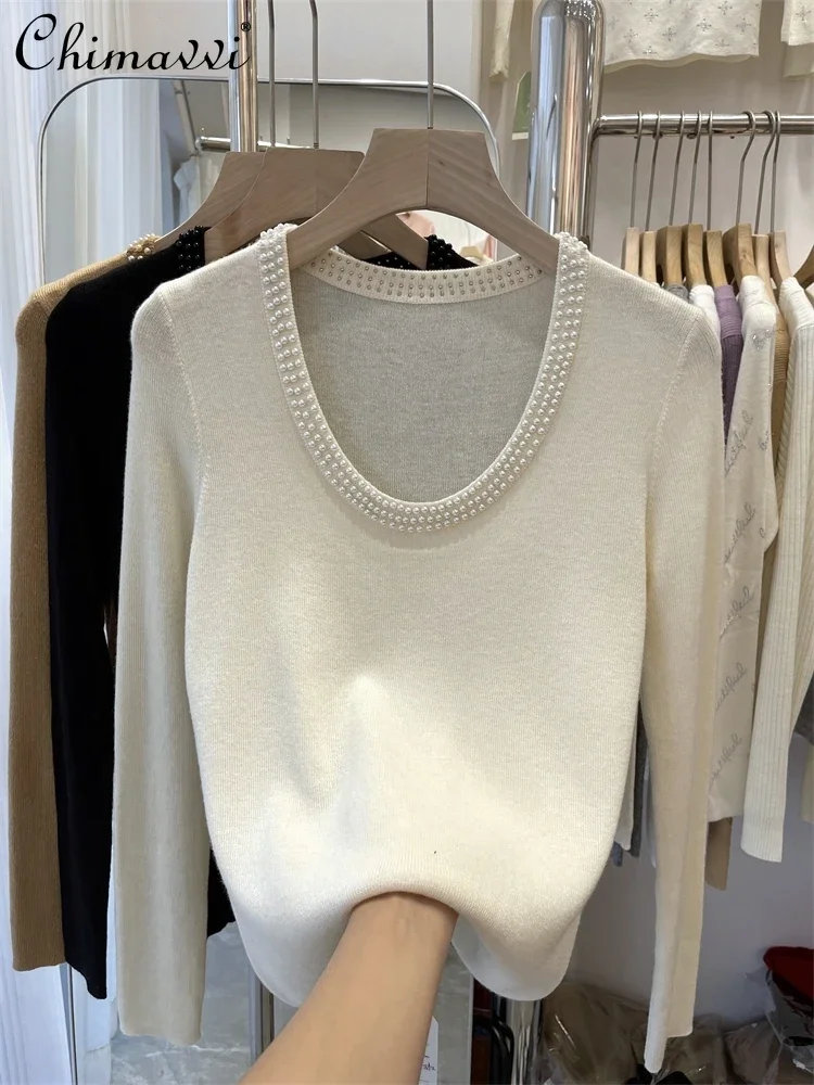 

European Station Big U-Neck Long-Sleeved Knitwear Women 2023 Winter New Fashion Pullover Slim Beaded Inner Wear Elegant Sweater