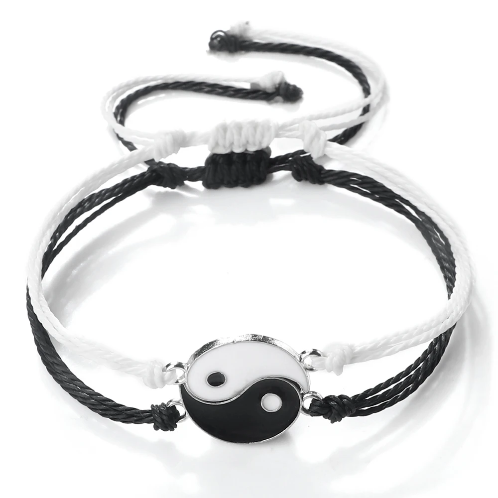 JunyiDIY 2PCS Bracciale Yin Yang In Acciaio Inox Fatto A Mano Cuore D'Amore Con Catena Set Coppia Uomini Donne Migliori Amici Regolabile Tai Chi