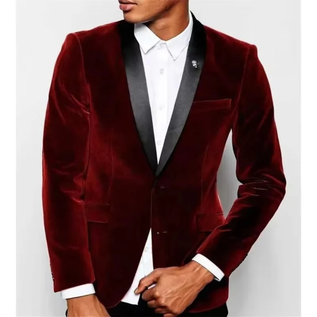 (Only Coat)Burgundy Velvet Men's Suit Blazer Prom Tuxedos Shawl Lapel Single Breasted One Button Jacket for Bussiness/Wedding