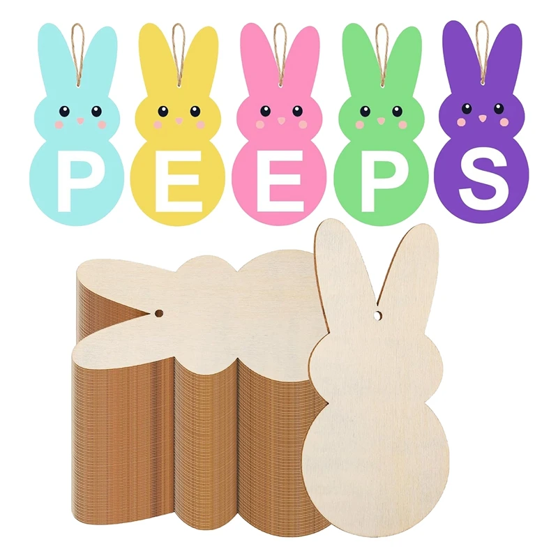 

50 Pcs Bunny Cutouts Hanging Ornaments Crafts Tags 7 Inch Unfinished Peep Bunny Wood Slices Rabbit Blank