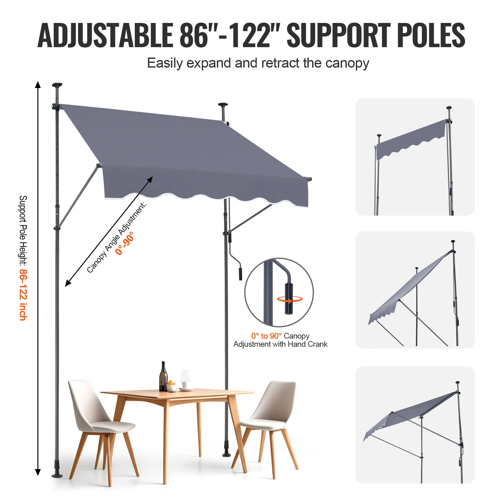 VEVOR Patio Awning Retractable Awning Sunshade Shelter Manual Crank Handle Outdoor Canopy Sunsetter Deck for Balcony Yard Outdoor Awnings