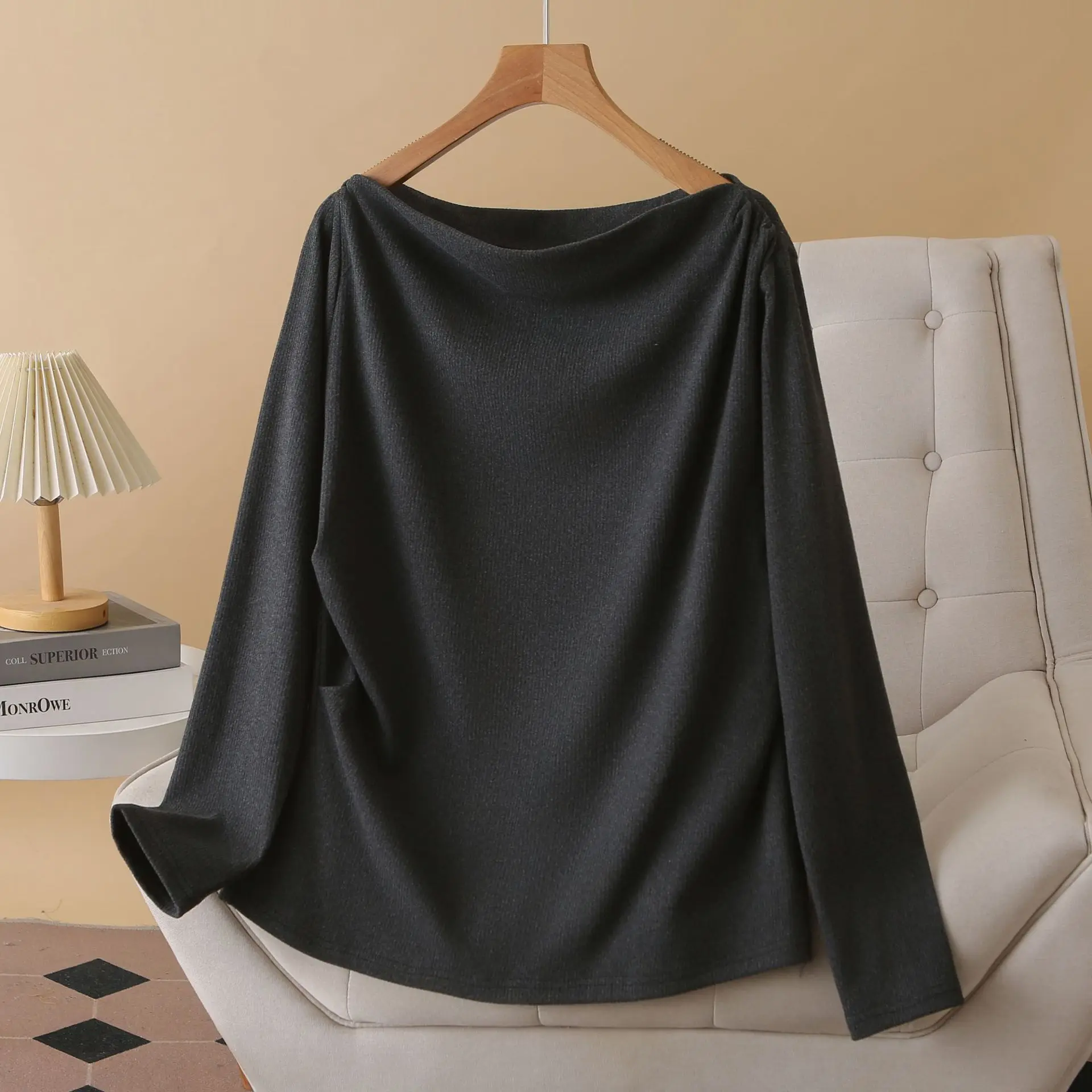 Fashion Plus Size Women's T-Shirt Autumn 2025 Solid Color Pile Collar Long Sleeve Tops 1712