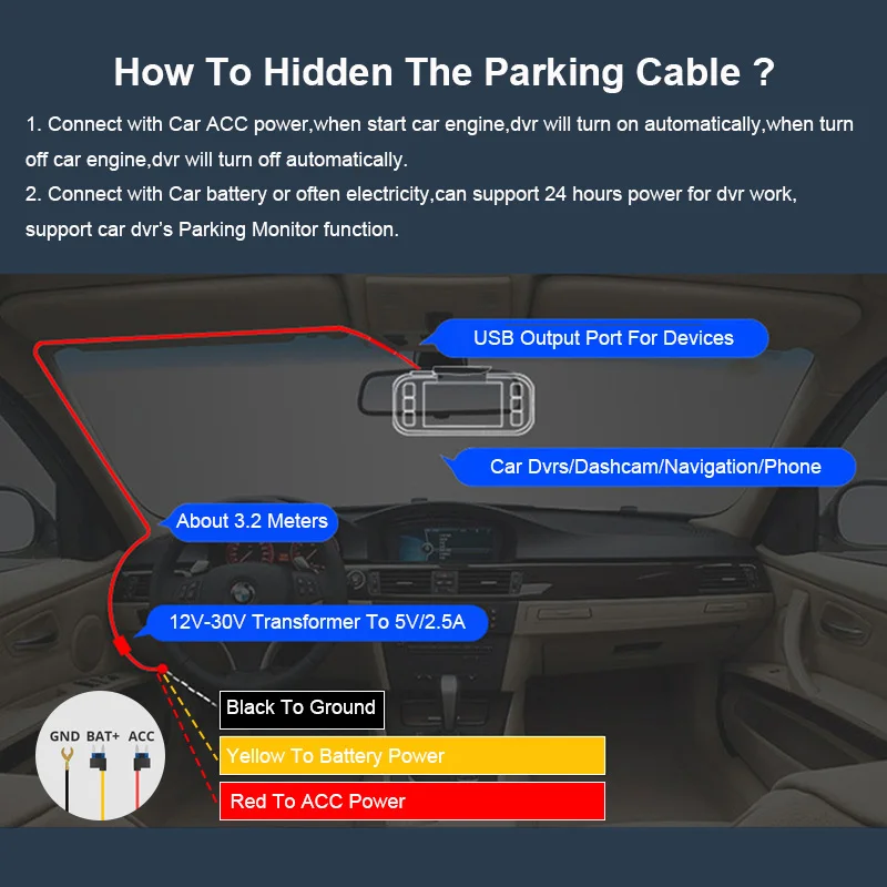 Buck Line Mini USB Type-C Car Charger Wire Kit 3.5 Meters E-ACE for Dash Cam Reaview Mirror 24H Parking Monitoring