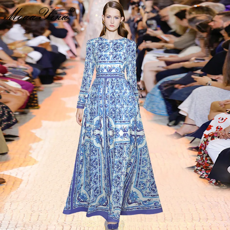 

Elegant Casual Women's Dresses 2022 Runway Long Sleeve Blue And White Fabric Porcelain Printing High Waist Vacation Maxi Dress