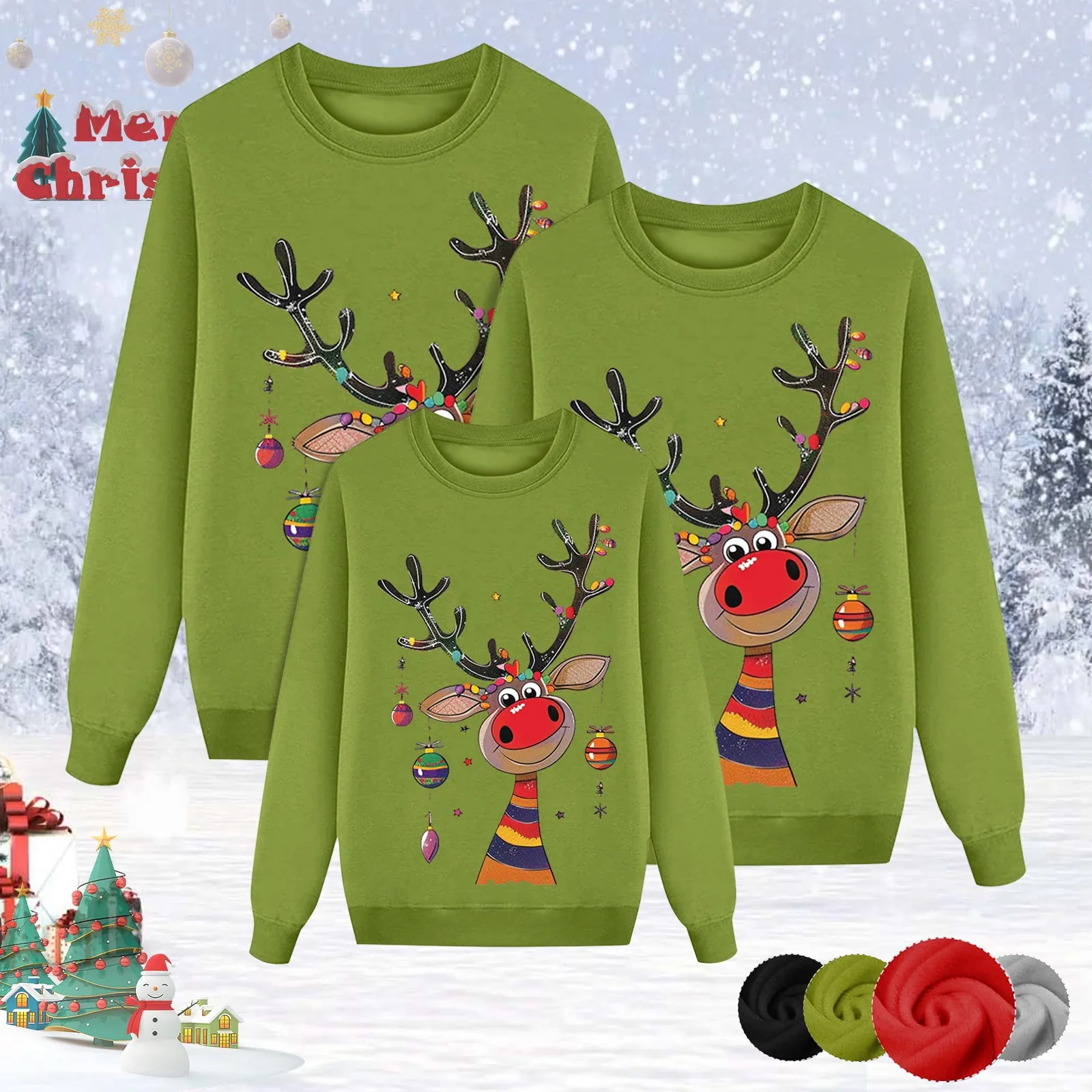 thumbnail image 1 of Pijamas navideños familiares informales con estampado de renos, sudaderas, tops, trajes a juego de manga larga para padres e hijos para otoño e invierno, 1 of 5