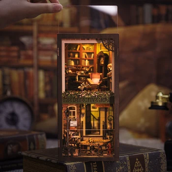 CUTEBEE Book Nook Miniature Doll House Kit Bookshelf Insert With Touch Light Dust Cover DIY Booknook Gifts Rose Detective Agency 4