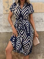 2024 Summer New Fashion Clothing Women's Elegant And Casual V-neck Short Sleeved Stripe Belt Comfortable Dress