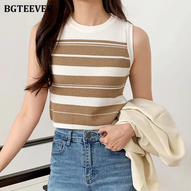 

Повседневные обтягивающие Женские полосатые трикотажные майки BGTEEVER, летняя обтягивающая женская кофта с круглым вырезом без рукавов, женские хлопковые жилеты
