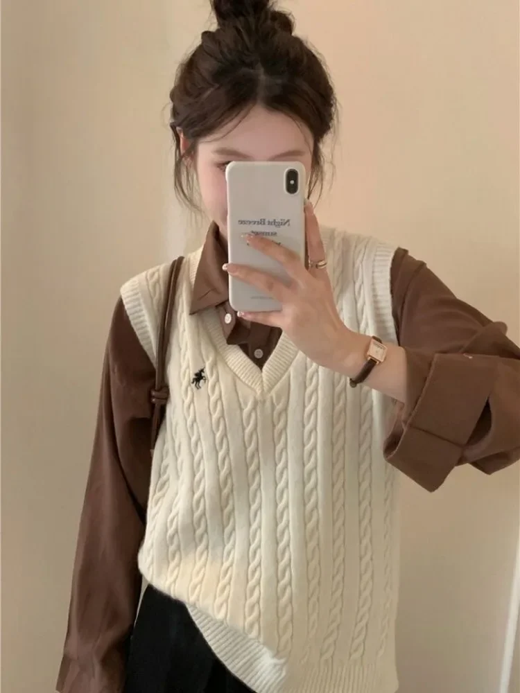 Sweater Cardigan Sleeveless Women Top Solid Sweater Knitted Vest Commuter Style Clothes Preppy Look Autumn Winter Woolly
